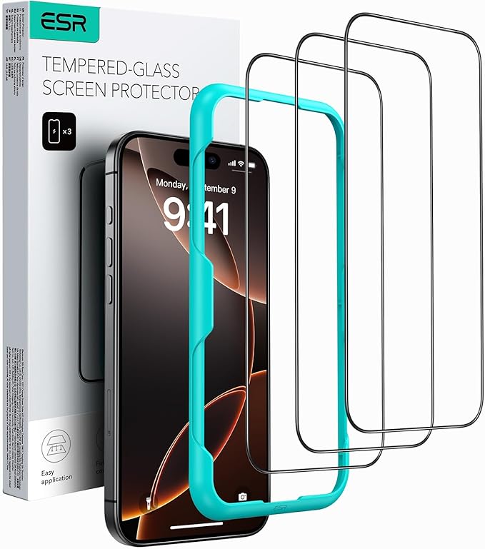 ESR Panzerglas für iPhone 16 Pro (2024) 3er Pack, 9H Härte, HD klar, mit Montagehilfe, kratzfester Displayschutz
