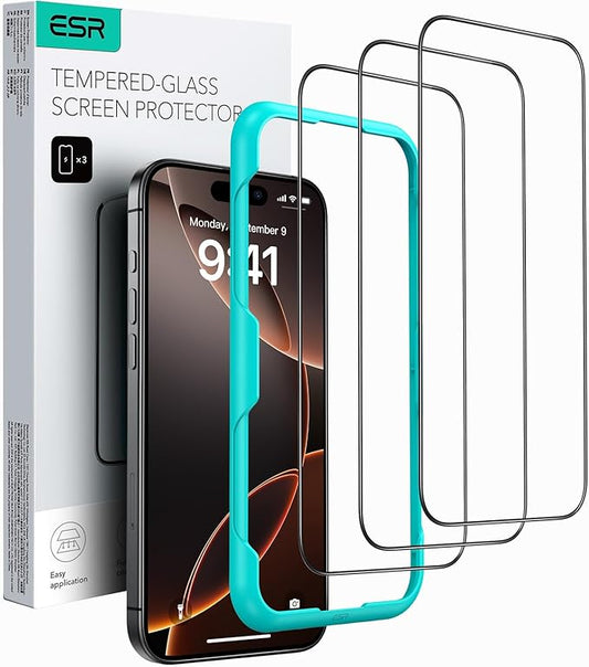 ESR Panzerglas für iPhone 16 Pro (2024) 3er Pack, 9H Härte, HD klar, mit Montagehilfe, kratzfester Displayschutz