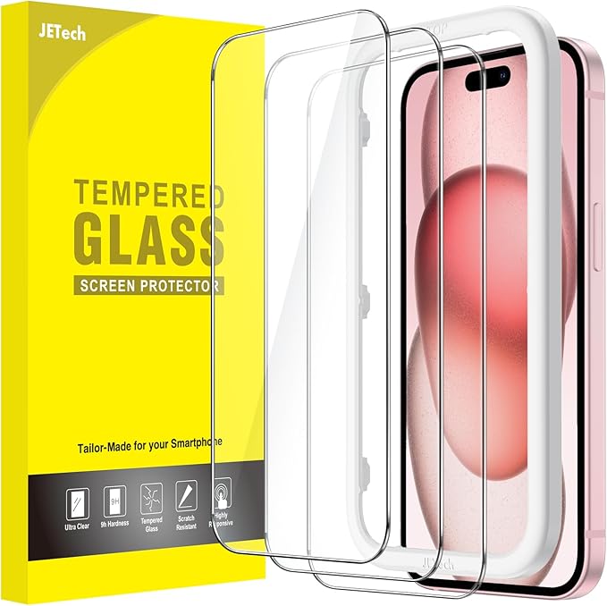 JETech Panzerglas Schutzfolie für iPhone 15 6,1 Zoll (3er Pack) HD klar mit Einbauwerkzeug, blasenfrei & kratzfest – 1260