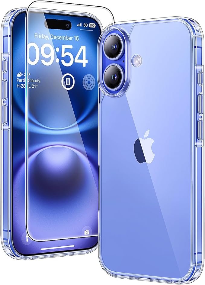 TAURI iPhone 16 Hülle 6,1 Zoll mit Panzerglas, Militärschutz, stoßfest transparent