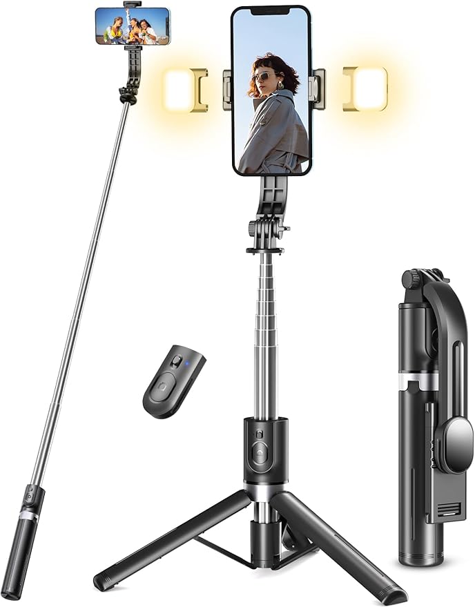 Pnitri Selfie Stick Stativ PNQ02MP mit 2 Fülllichtern & Fernbedienung, 114cm Handy-Stativ für iPhone Samsung Android Smartphones