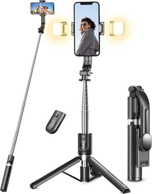 Pnitri Selfie Stick Stativ PNQ02MP mit 2 Fülllichtern & Fernbedienung, 114cm Handy-Stativ für iPhone Samsung Android Smartphones