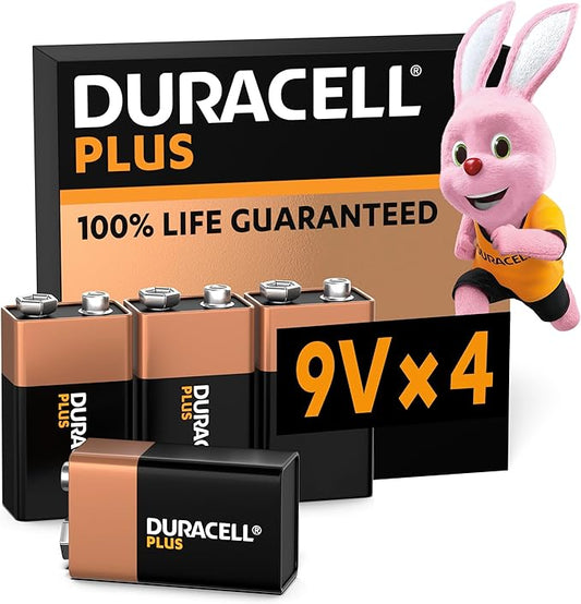 Duracell Plus 9V Blockbatterie 6LR61, 4 Stück ideal für Rauchmelder & Feuermelder mit Auslaufschutz
