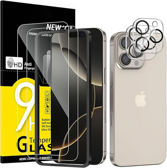NEW'C Panzerglas für iPhone 16 Pro (6,3 Zoll) 2x Display + 2x Kamera Schutz 9H Härte kratzfest 2024