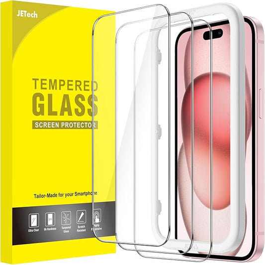 JETech Panzerglas Schutzfolie für iPhone 15 6,1 Zoll (3er Pack) HD klar mit Einbauwerkzeug, blasenfrei & kratzfest – 1260