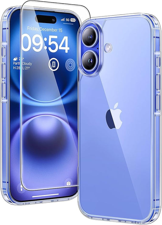 TAURI iPhone 16 Hülle 6,1 Zoll mit Panzerglas, Militärschutz, stoßfest transparent
