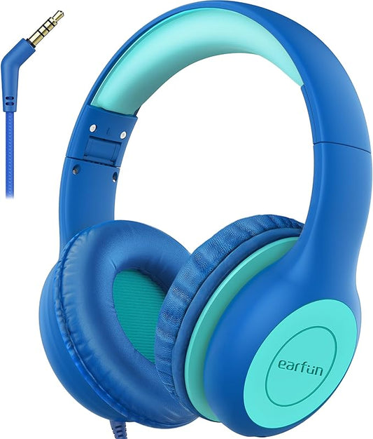 EarFun Kinder Kopfhörer 2023 mit Kabel, 85dB Lautstärkenbegrenzer, Audio-Sharing, faltbar und einstellbar für Schule/Tablet/PC, Blau